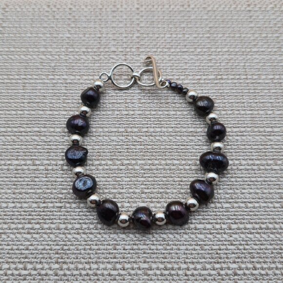 8 Inch Sterling Silver Dark Genuine Pearls Bracelet B756 - Picture 1 of 7